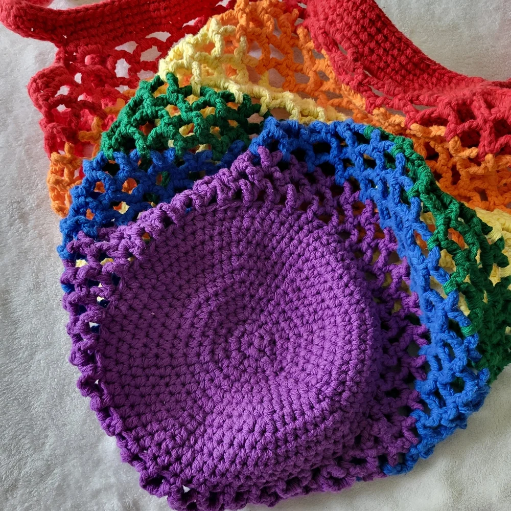 Colorful Rainbow Hand Crochet Tote Bag Large‎ Pride Festival Fun